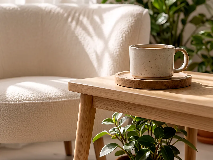 A cream armchair, a mug on a wooden side table and a potted plant in soft daylight