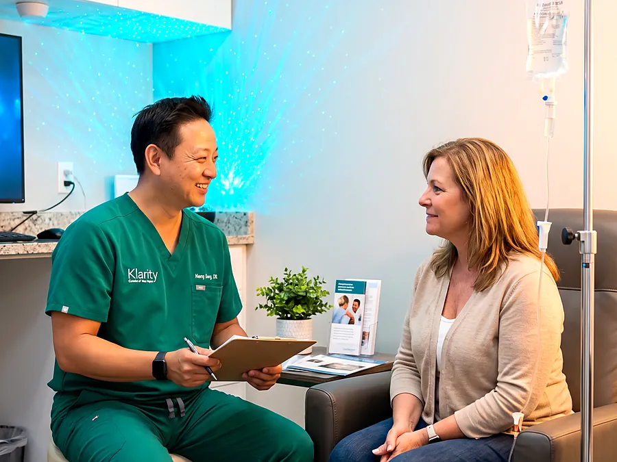 A clinician in green scrubs with a clipboard talks with a woman in a treatment room