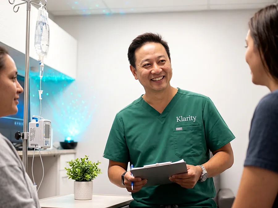 A smiling clinician with a tablet talks with two people in a treatment room