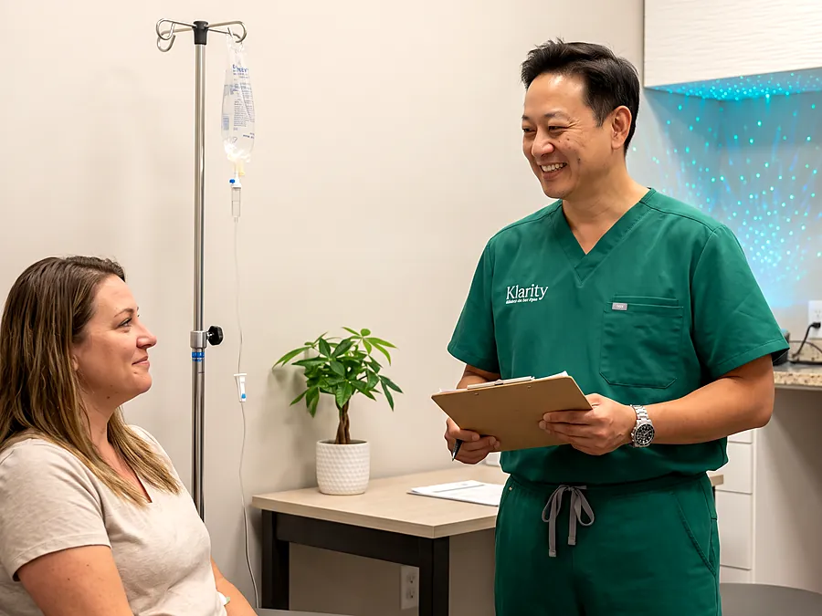 A clinician in green scrubs stands and talks with a seated woman next to an IV stand