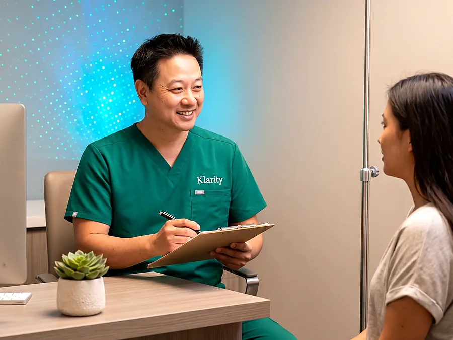 A clinician takes notes while a woman talks with him at a desk