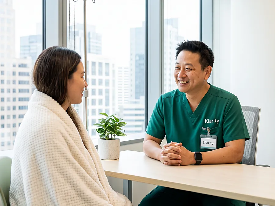 A woman wrapped in a blanket talks with a clinician at a desk by a window with city views