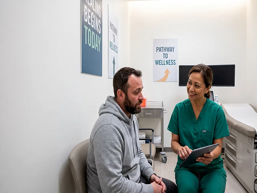 A clinician holding a tablet listens to a man seated in a treatment room