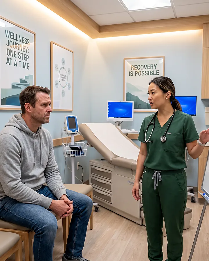 A clinician in green scrubs talks with a man seated in a bright consultation room