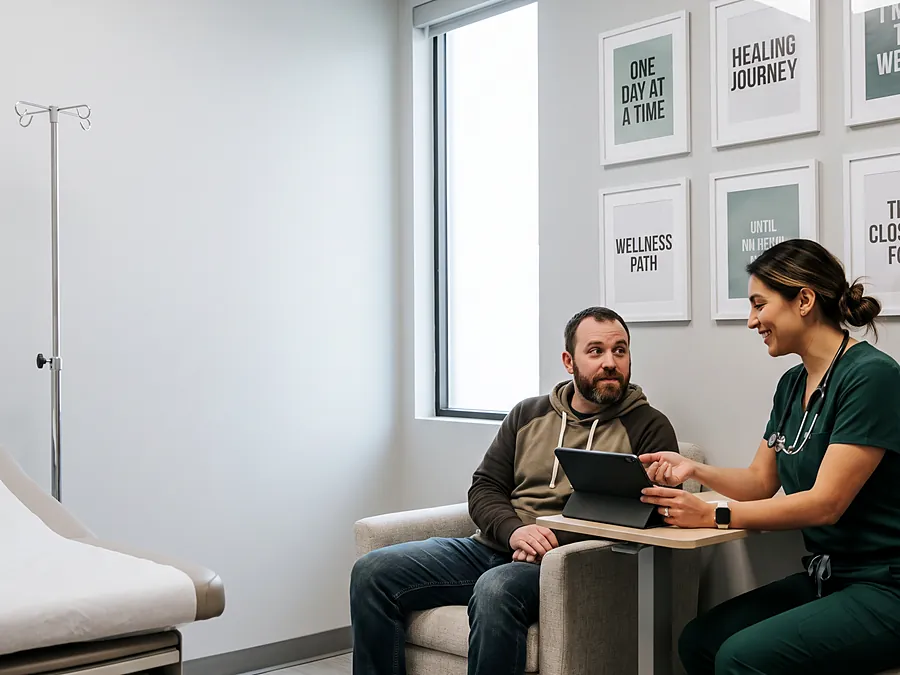 A clinician with a tablet sits with a man in a calm treatment room
