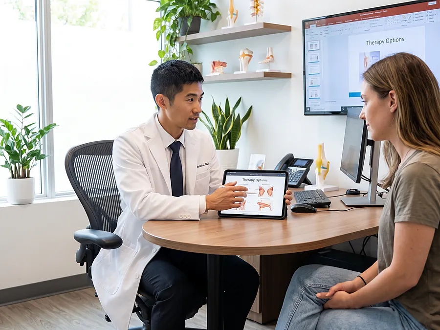 A doctor in a white coat shows a woman information on a tablet at a round desk
