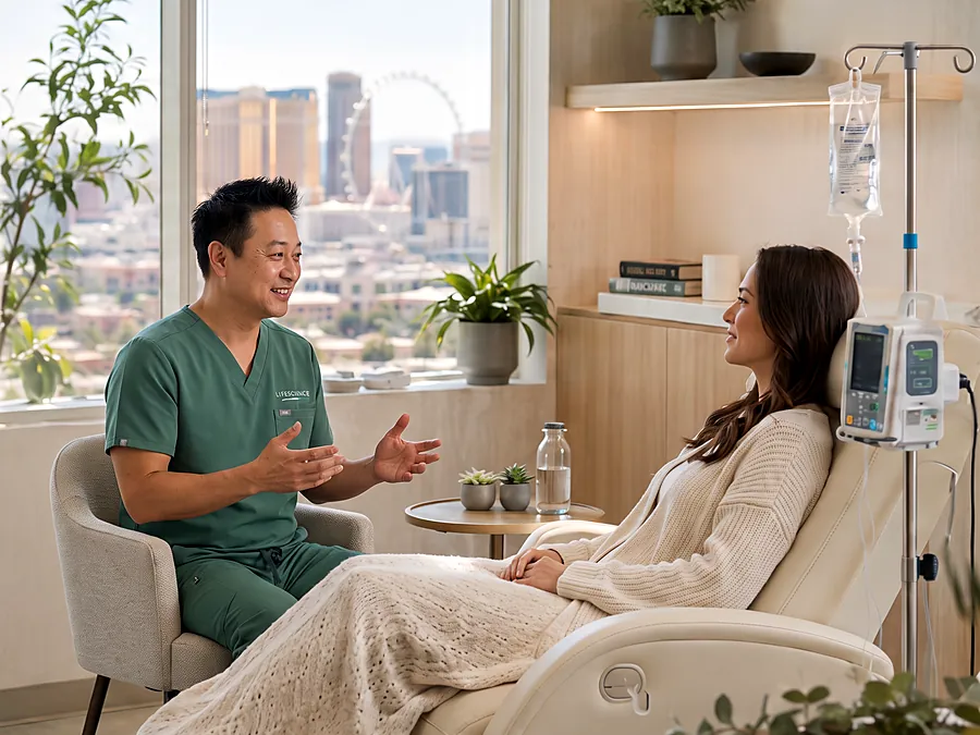 A woman relaxes in a recliner during an infusion while a clinician sits and talks with her