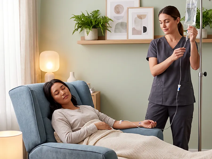 A woman rests under a blanket in a blue recliner during an infusion while a nurse checks the drip