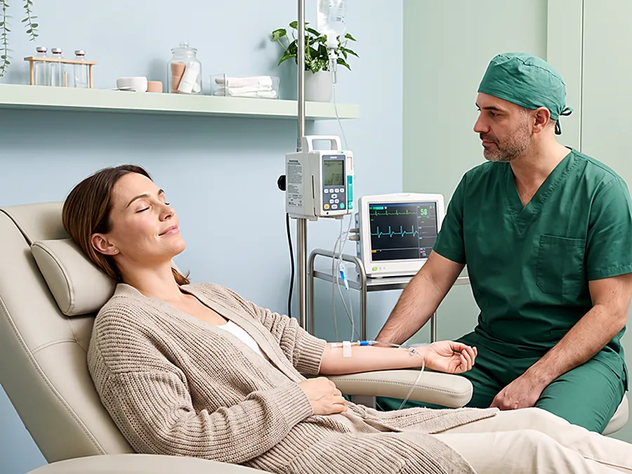 A woman rests with her eyes closed in a recliner during an infusion, with a clinician beside her