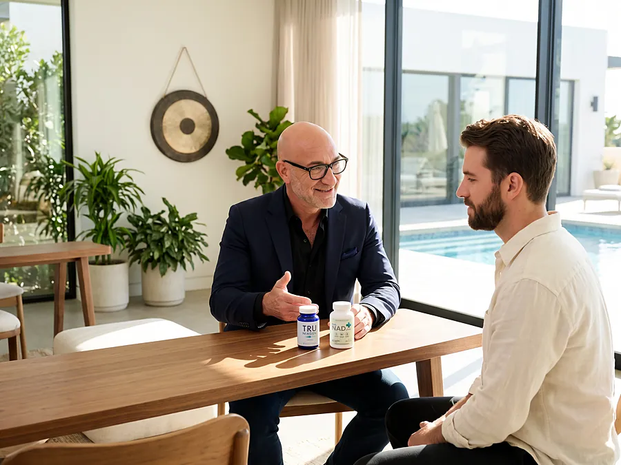 Two men in conversation at a table in a bright room with plants and a view of the pool