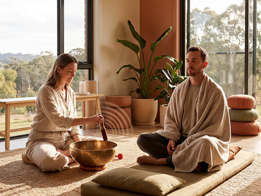 Sound-bowl meditation on floor cushions in a sunlit room with plants and hill views
